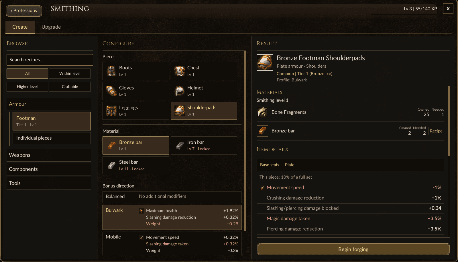 The Smithing workshop showing Bronze Footman shoulderpads and Balanced, Bulwark and Mobile crafting directions; visible numbers are provisional