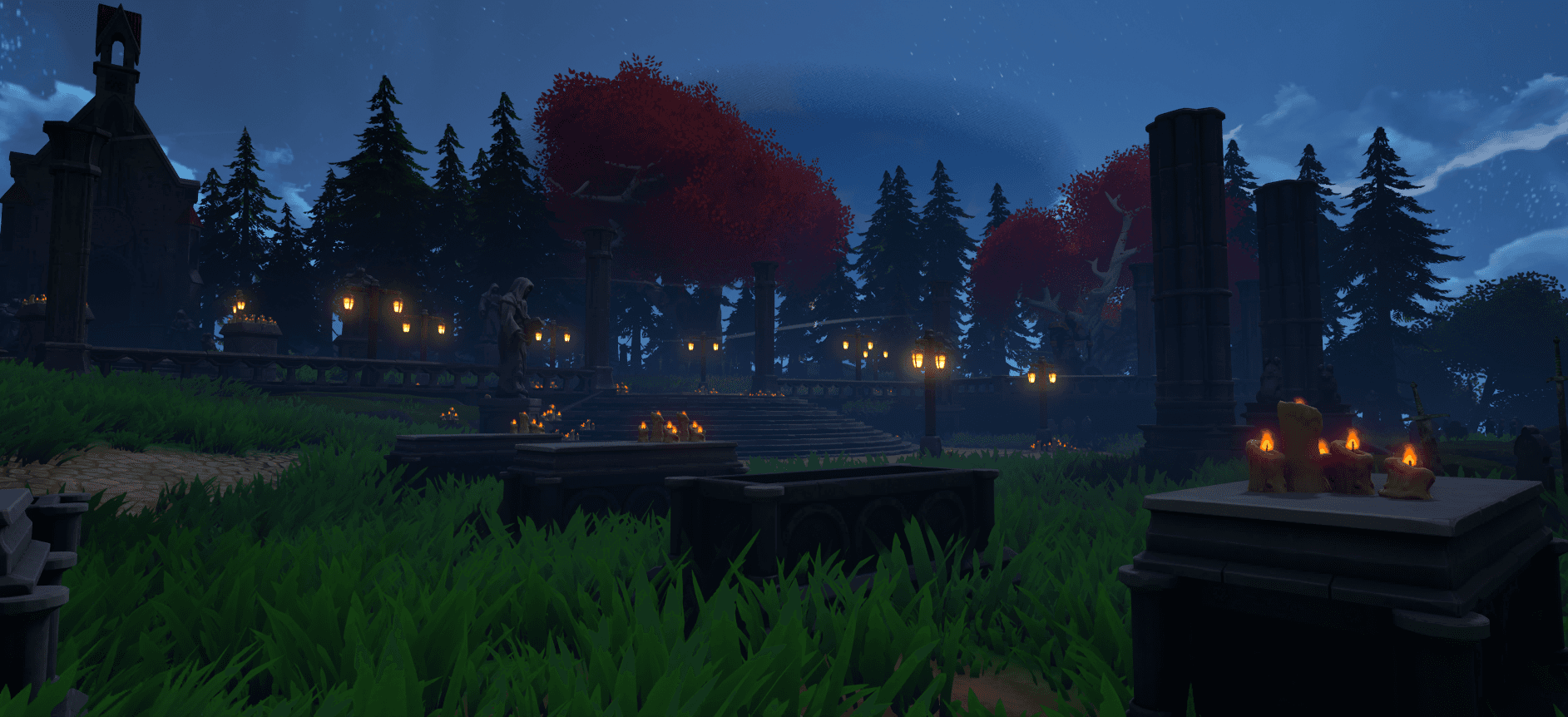 The starter-island graveyard at night, ringed in red maples and lit by lanterns